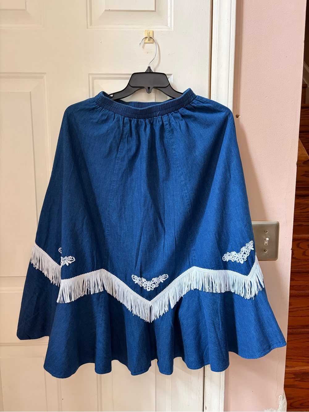 Blue Fringe A-Line Women’s Square Dance Skirt Vintage Lace Stretchable waist